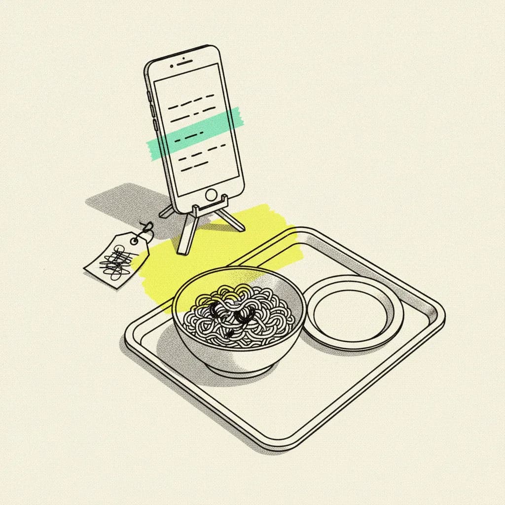 Brutalist editorial illustration of a paper restaurant table shot from overhead with a paper smartphone on a tripod above a noodle bowl, mint tape strip across the screen and a yellow highlighter blob behind the bowl