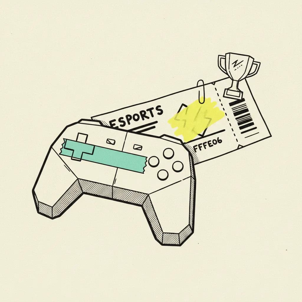 Brutalist editorial illustration of a paper gaming controller and paper esports tournament ticket overlapping on cream paper, mint tape strip across the D-pad, yellow highlighter blob on the ticket seat number, paper trophy clipped to the corner
