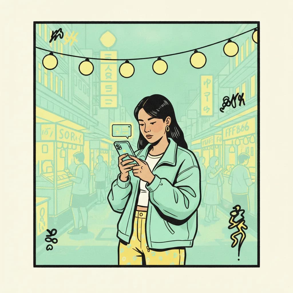 A Bangkok content creator in a Yaowarat night market checking a bank payment notification on her phone, food stalls glowing behind her.