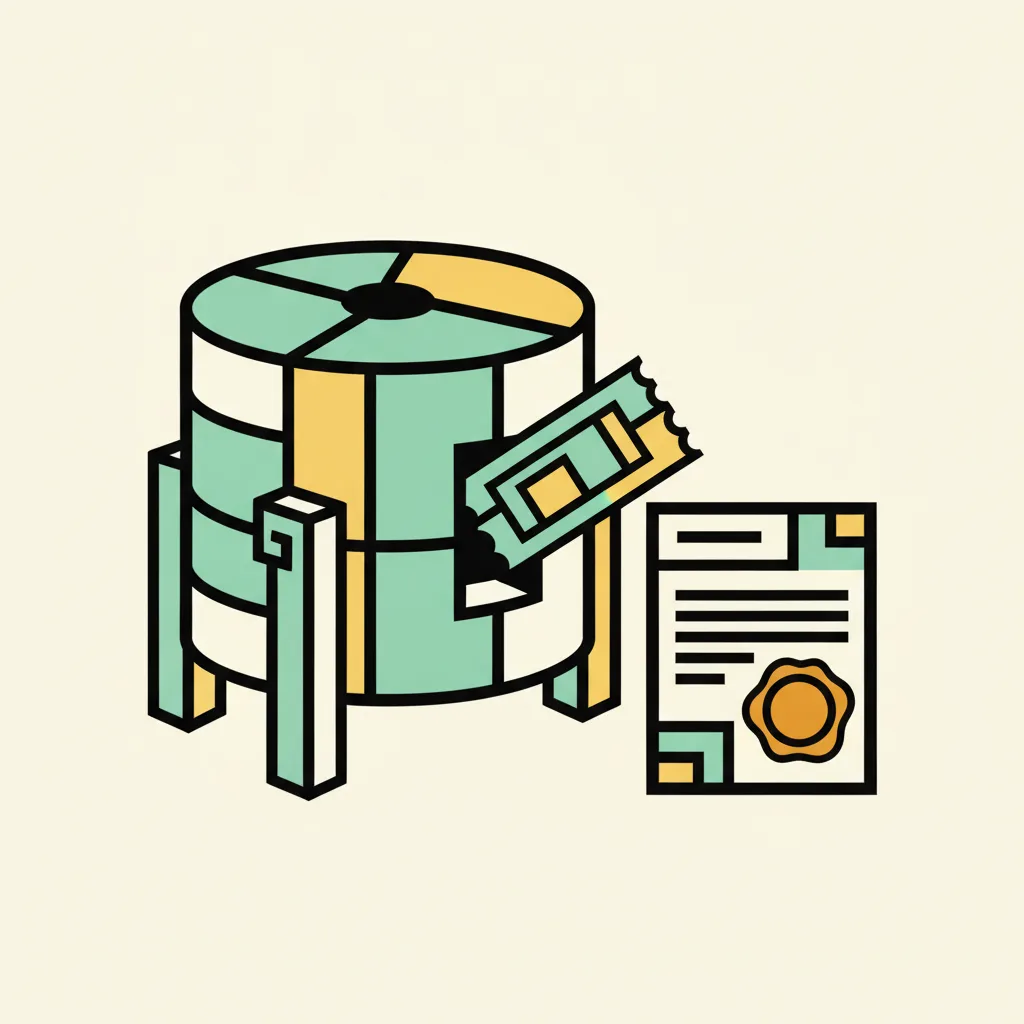 Brutalist illustration of a raffle drum beside a stamped permit document, representing Thai lucky draw permit rules for brand campaigns