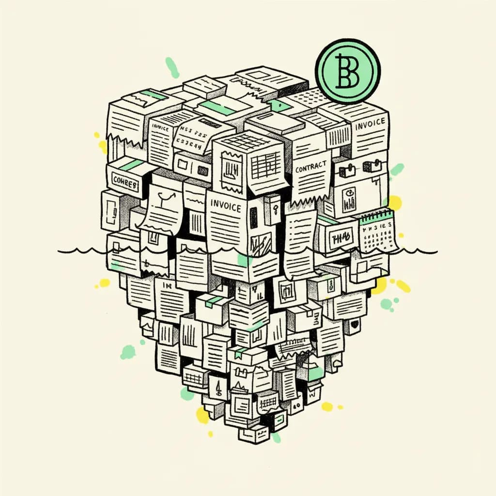 Brutalist illustration of an iceberg built from invoices and contracts, with the fee shown as the small visible tip