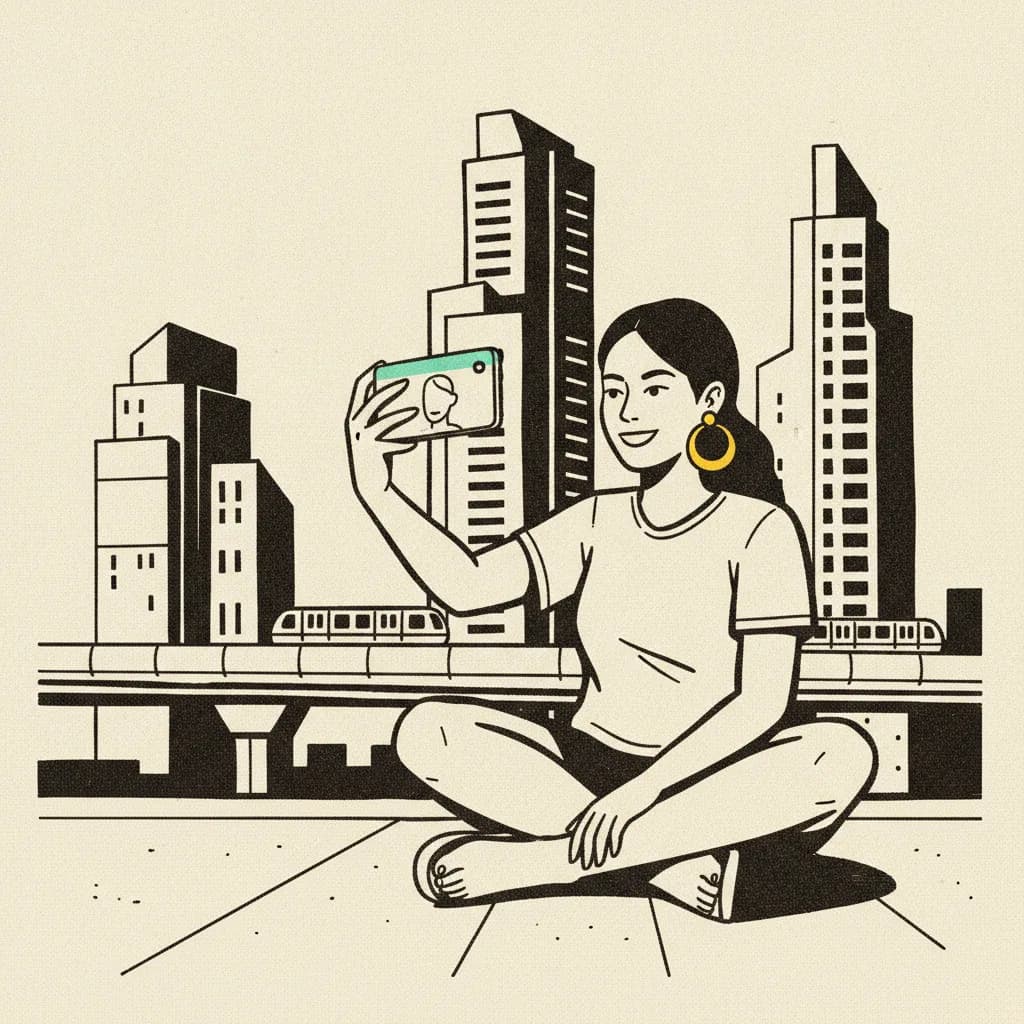 A young Bangkok content creator on a rooftop at golden hour holding a phone framing a selfie video, brutalist illustration on cream background