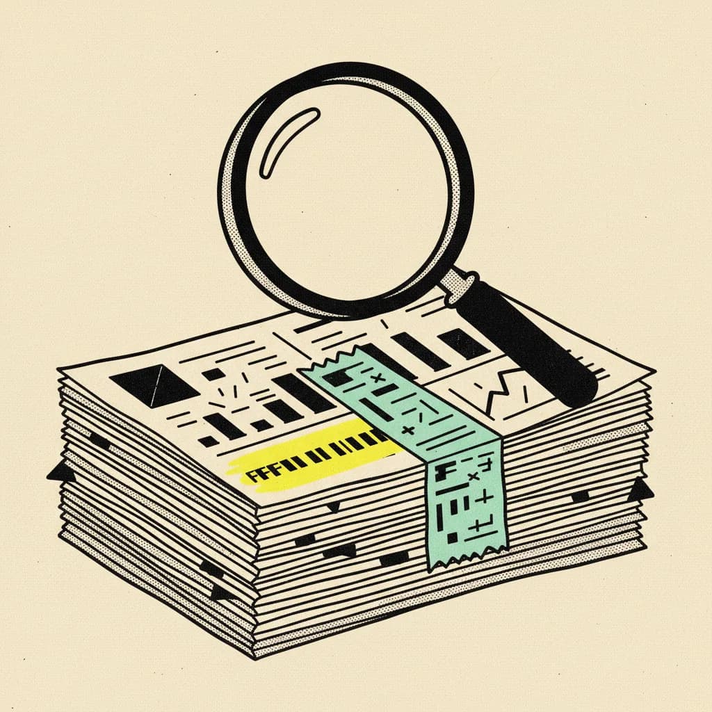 Brutalist editorial illustration of a magnifying glass over stacked audience analytics sheets on cream paper, abstract dash marks where numbers would be, mint tape strip across one sheet, yellow highlighter blob on a single row