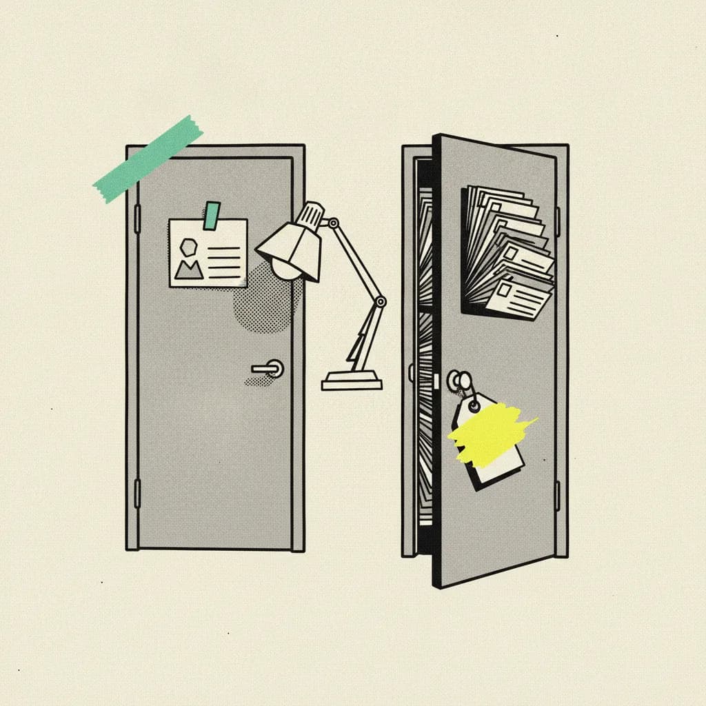 Brutalist editorial illustration of two paper office doors on cream paper, left door with a paper name badge and desk lamp, right door opening onto a fanned Rolodex of creator cards, mint tape strip and yellow highlighter accents.