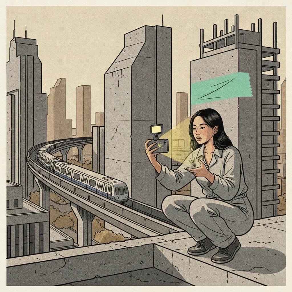 Brutalist editorial illustration of a Thai creator filming an Instagram Reel on a Bangkok rooftop with the Skytrain line in the background.