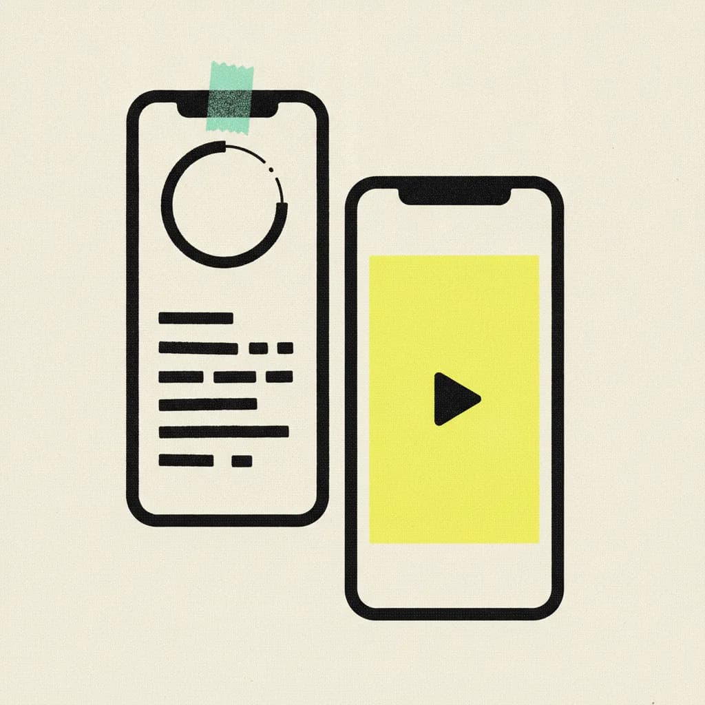 Brutalist editorial illustration of two paper smartphones on cream paper, the left showing a Stories ring wrapped in mint tape, the right showing a single Reel tile marked with a yellow highlighter blob, abstract dash marks on both screens