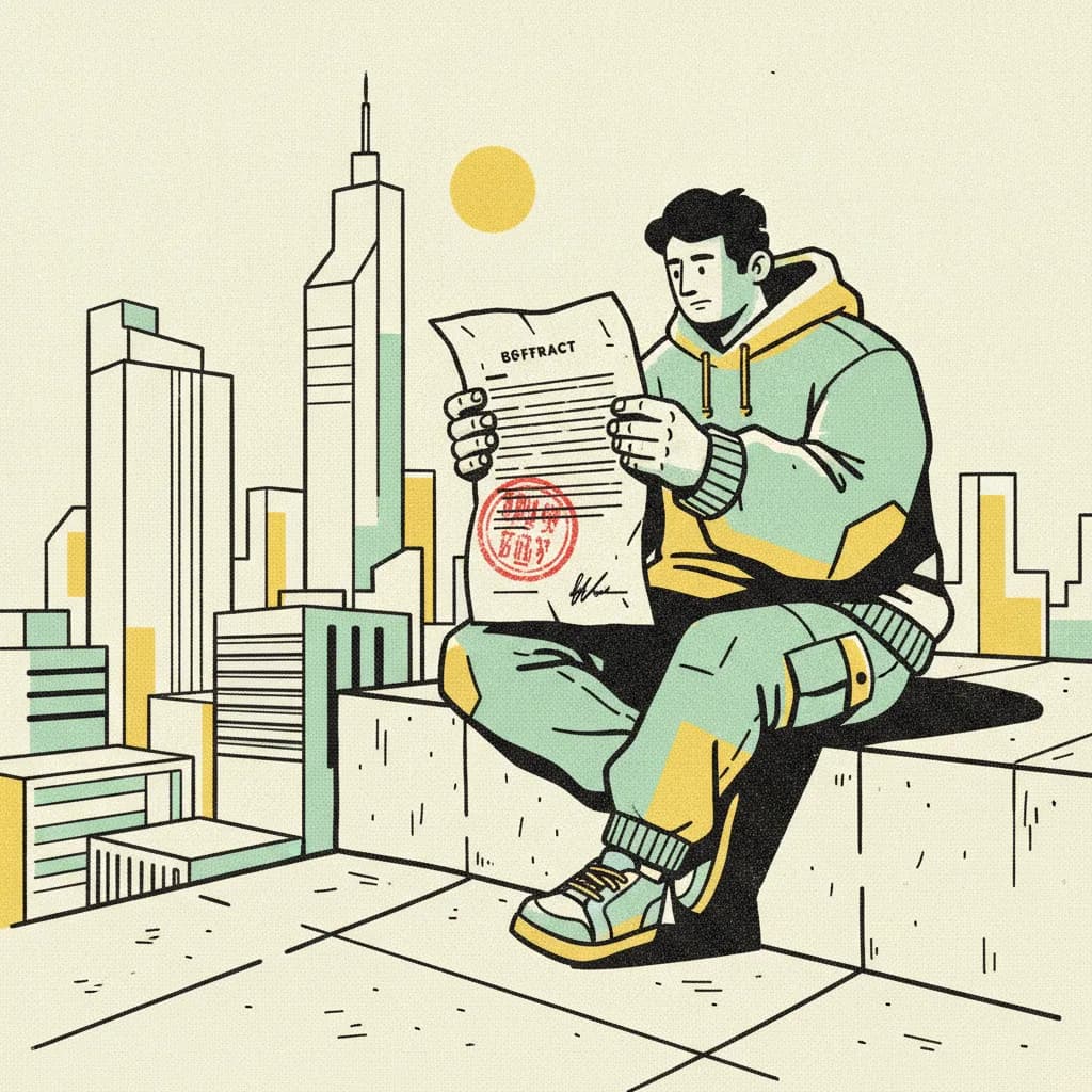 A Bangkok creator on a rooftop at golden hour holding a cancelled contract, brutalist illustration with mint and yellow accents.