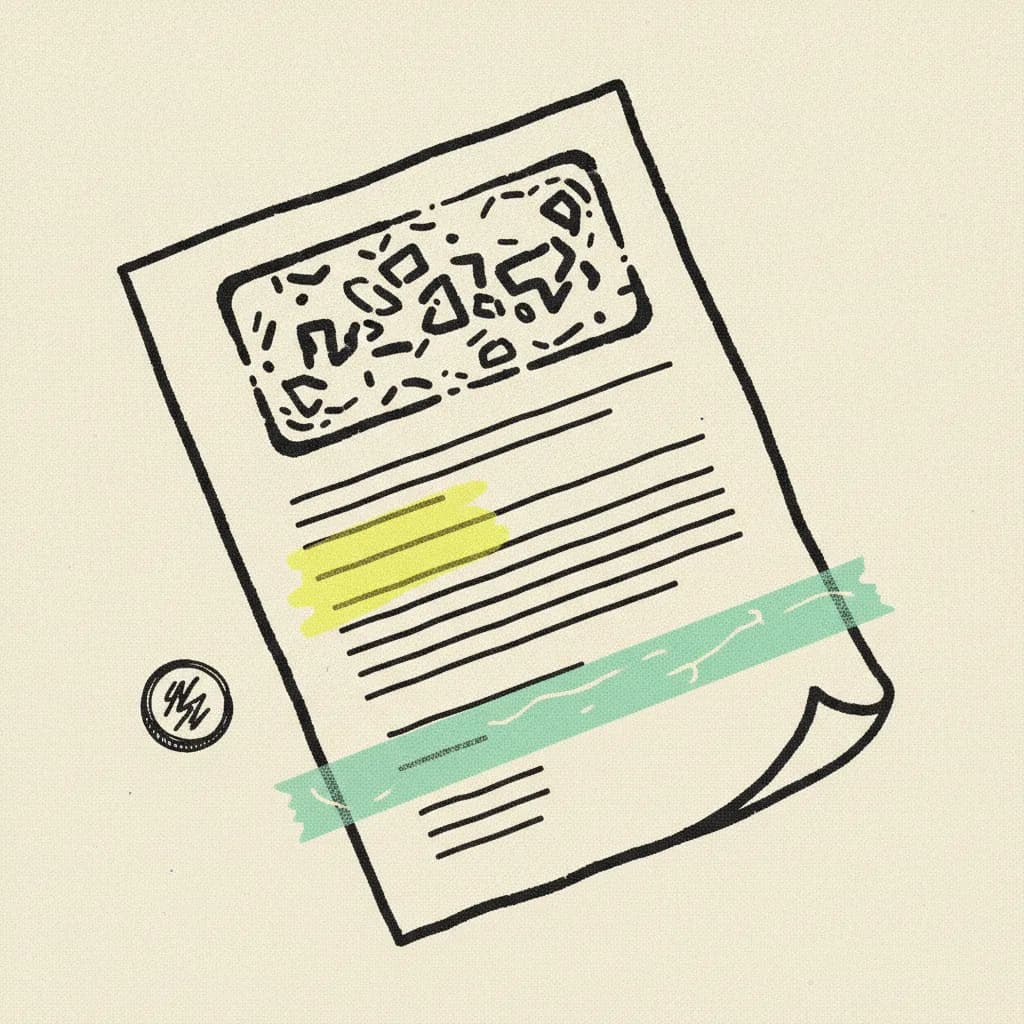 Brutalist editorial illustration of a torn paper contract on cream paper, a black ink stamp across the top, a mint tape strip across the torn edge, and a yellow highlighter blob across one clause