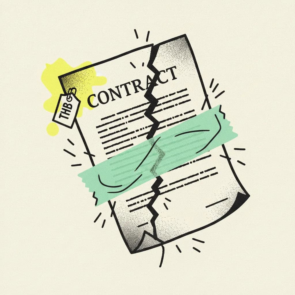 Brutalist editorial illustration of a torn paper contract on cream paper, a black ink stamp across the top, a mint tape strip across the torn edge, and a yellow highlighter blob across one clause