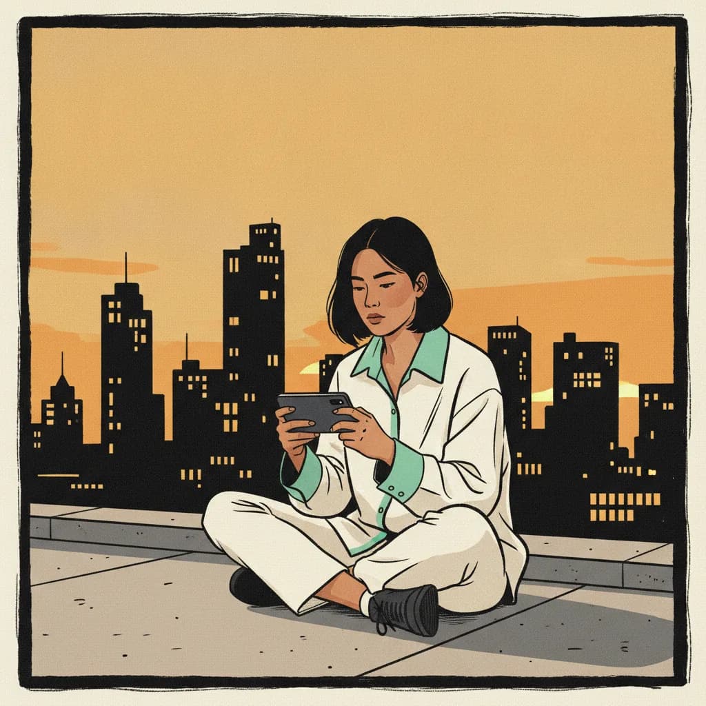Brutalist cream and mint illustration of a Thai creator on a Bangkok rooftop at dusk holding a smartphone, skyline silhouette behind them