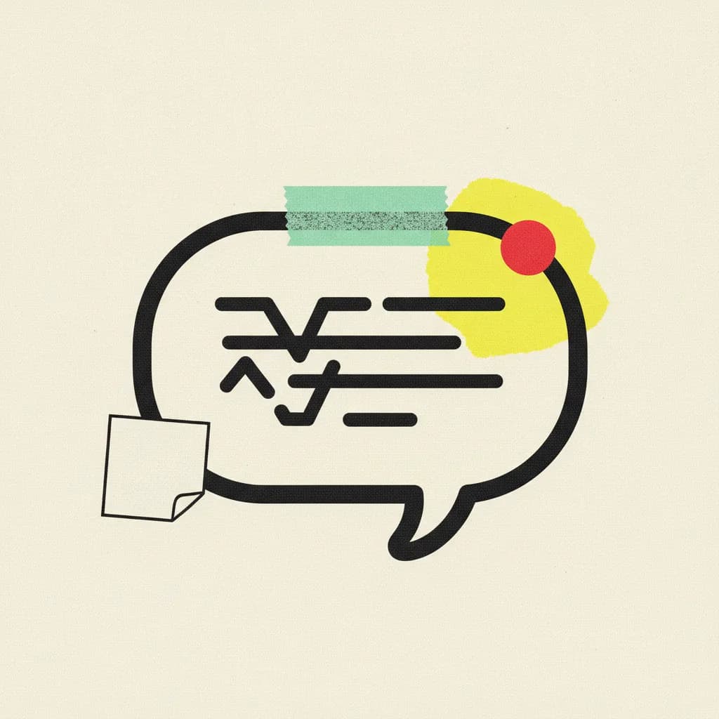 Brutalist editorial illustration of a paper LINE-style chat bubble on cream paper with a small sticker square in the corner, a mint tape strip across the top, and a yellow highlighter blob behind a tiny notification dot