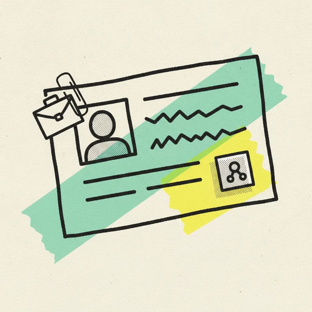 Brutalist editorial illustration of a paper LinkedIn-style profile card on cream paper with a mint tape strip diagonally across it, a yellow highlighter blob behind a paper connection-request button, and a small ink briefcase clipped to the corner