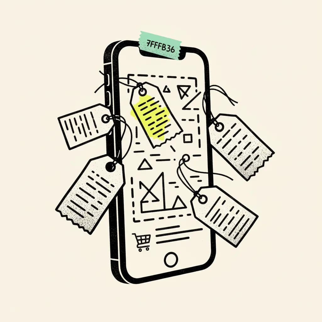 Brutalist editorial illustration of an upright smartphone broadcasting a live shopping session on cream paper with paper price tags hanging off the frame, a mint tape strip across the top of the screen and a yellow highlighter blob on one tag