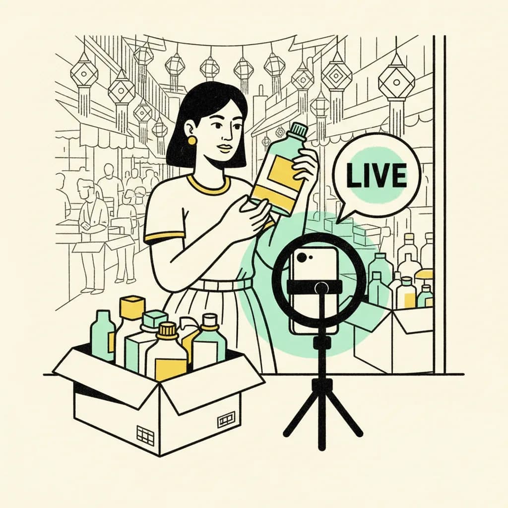 Brutalist illustration of a Thai creator live-streaming product sales from a Bangkok night-market stall with a ring light and tripod.