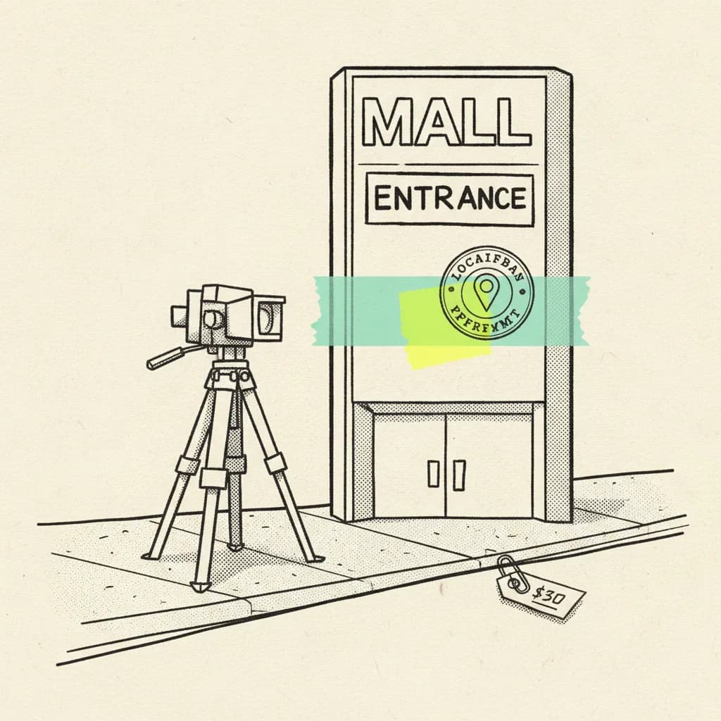 Brutalist editorial illustration of a paper Bangkok street scene with a tripod, mall entrance sign, and a location permit stamp clipped to the tripod leg, mint tape strip and yellow highlighter accent.