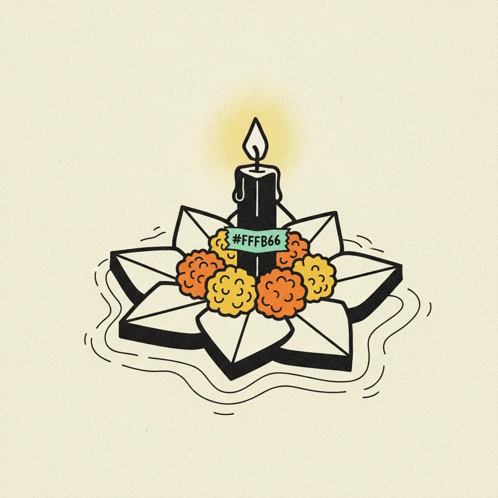Brutalist ink illustration of a floating krathong raft with candle and marigolds on cream paper.