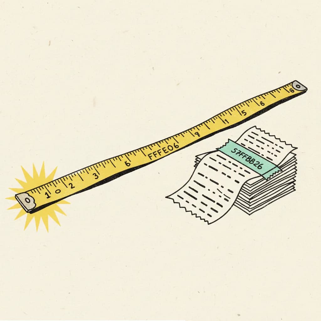 Brutalist editorial illustration of a yellow measuring tape stretched across cream paper beside a stack of curled receipts with abstract dash marks, mint tape strip on the top receipt, yellow burst accent on the tape measure