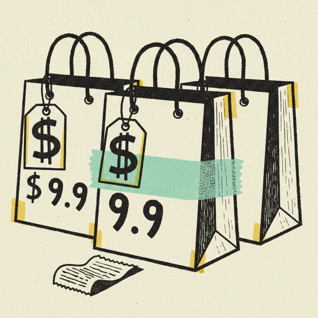 Three paper shopping bags with 9.9 price tags dangling, mint tape strip across the middle bag, brutalist editorial illustration on cream paper.
