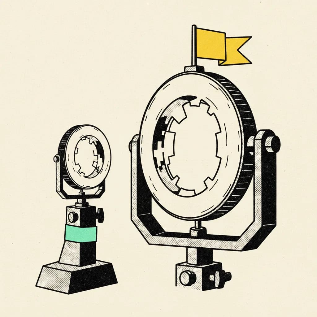 Two ring lights side by side on cream background, small one with mint tape strip on stand, large one with yellow accent flag on top