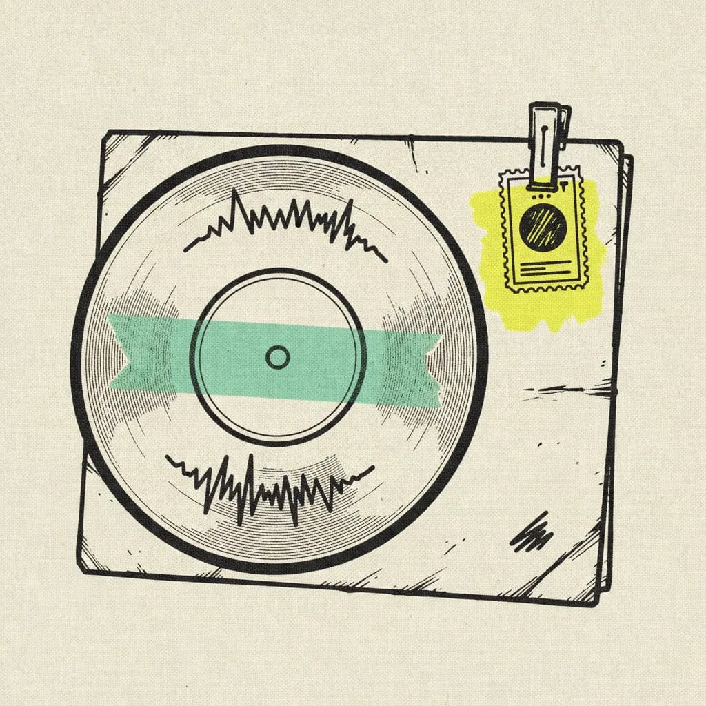 Brutalist editorial illustration of a paper vinyl record with a mint tape strip across the centre label and a yellow highlighter blob on a paper licence stamp clipped to the sleeve