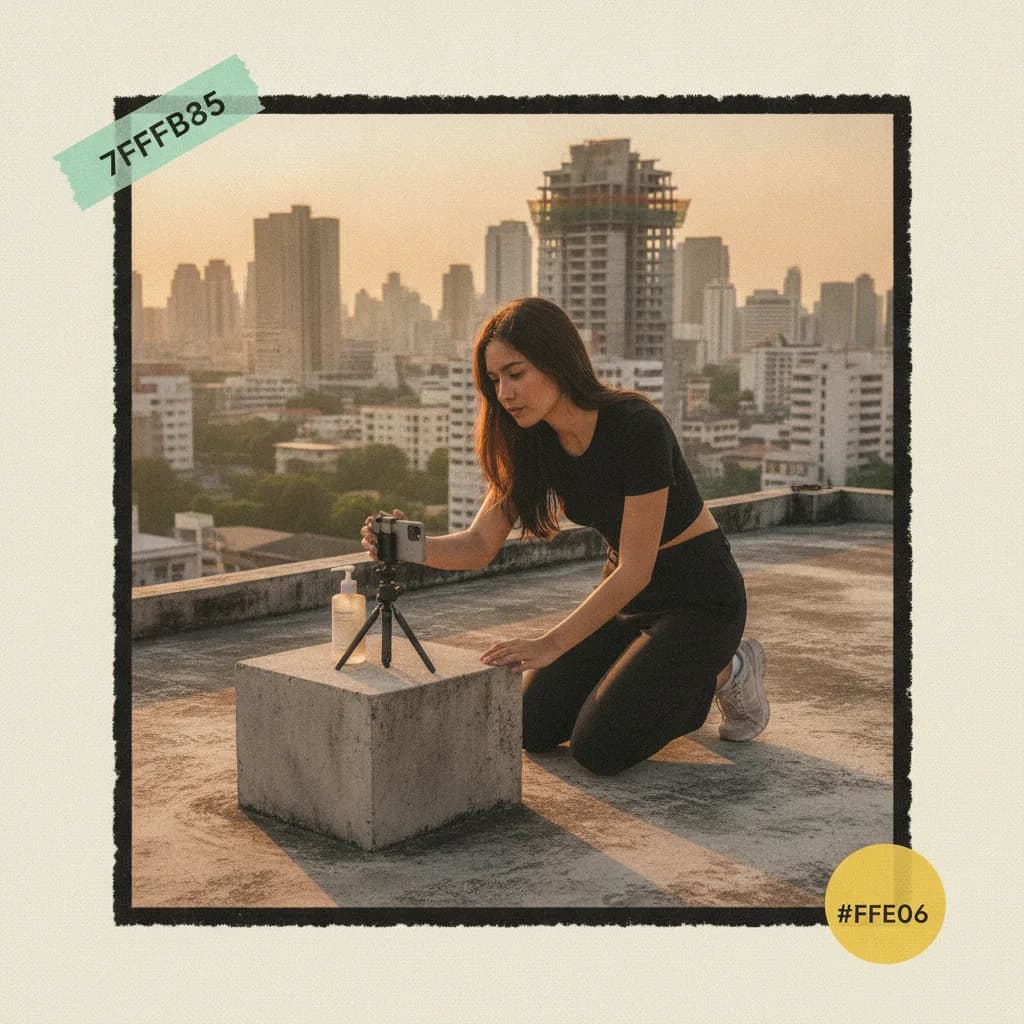Bangkok nano-creator in her early 20s filming a skincare bottle on a Sukhumvit rooftop at golden hour with phone on a small tripod