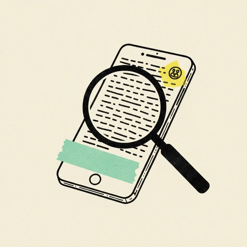 Brutalist editorial illustration of a tiny paper smartphone on cream paper with abstract dash marks on the feed, a mint tape strip across the bottom of the screen, a yellow highlighter blob on a small number badge, and a black ink magnifying glass lens hovering over the device