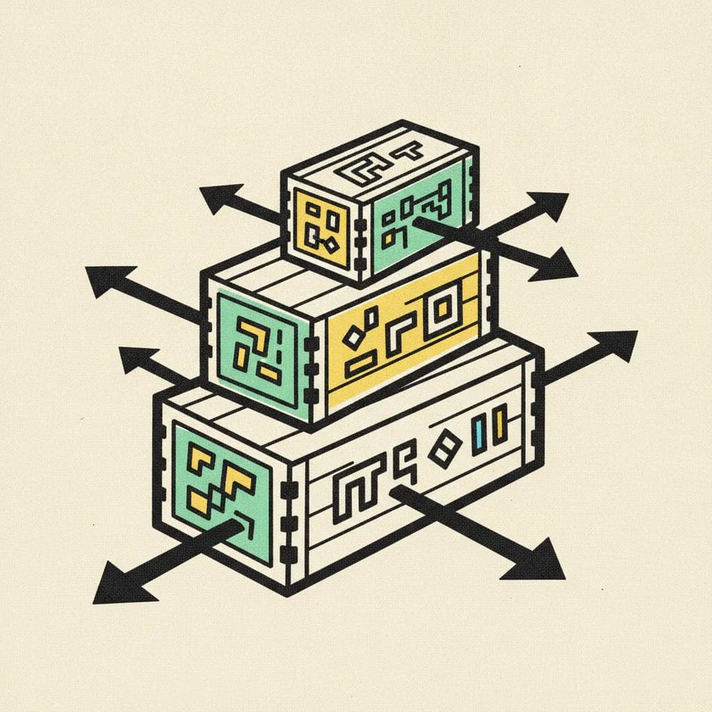 Brutalist illustration of three stacked wooden crates in different sizes with arrows between them, suggesting a portfolio mix of creator tiers.