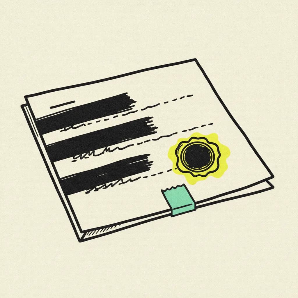 Brutalist editorial illustration of a folded paper NDA with mint tape sealing the fold and a yellow highlighter blob behind a wax stamp shape.