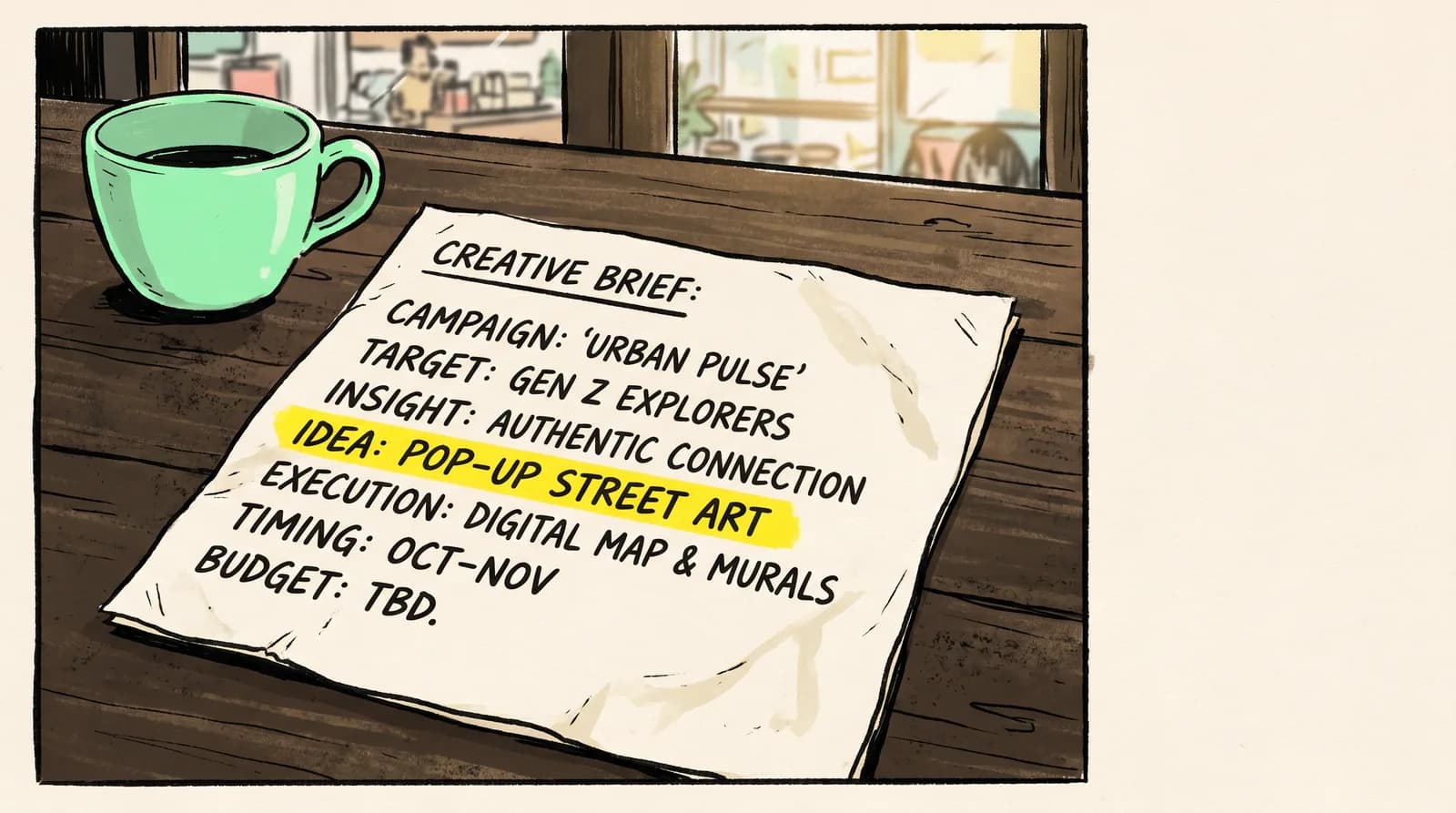 Brutalist editorial illustration of a seven-line creative brief written on a napkin beside a mint coffee cup