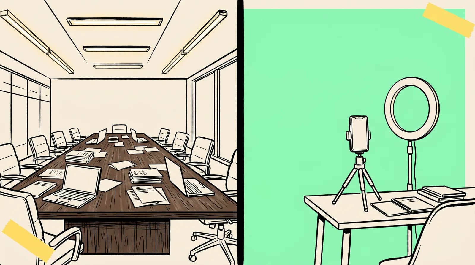 Brutalist editorial split-screen — left a crowded agency boardroom, right a solo creator's home rig with ring light