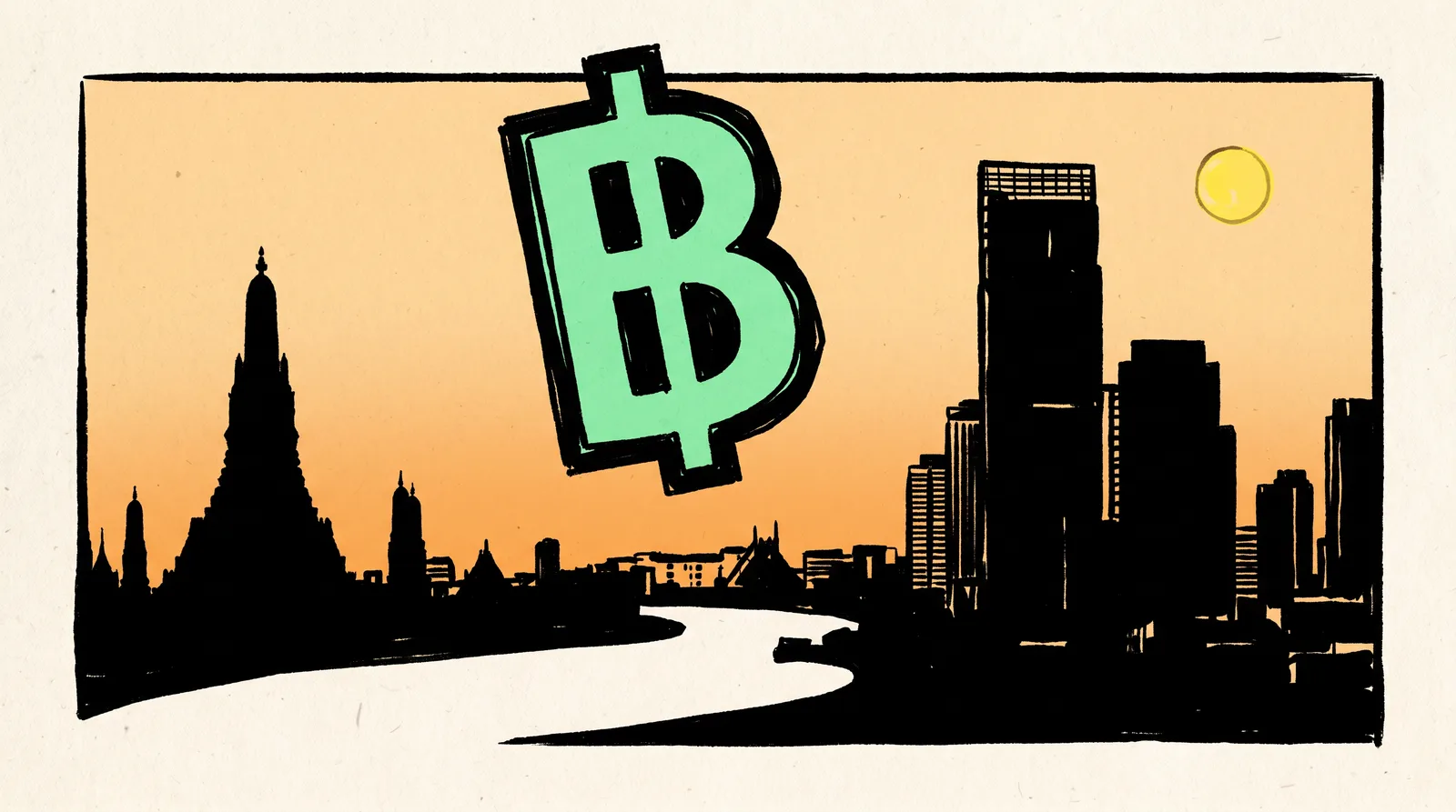 Brutalist editorial illustration of the Bangkok skyline at dusk silhouetted against a cream sky, a mint baht symbol stamped across the centre
