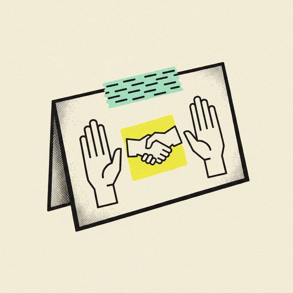 Brutalist paper Instagram phone card with a handshake icon between two paper hands, mint tape strip across the top, yellow highlight square behind the handshake.