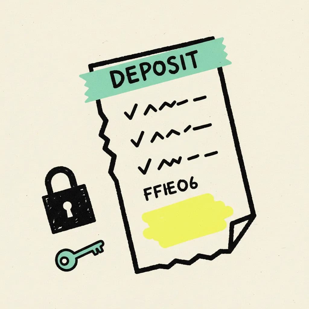 Brutalist editorial illustration of a paper invoice on cream background with a mint tape strip across the top, a yellow highlighter blob on the bottom line, and a small black ink padlock beside it