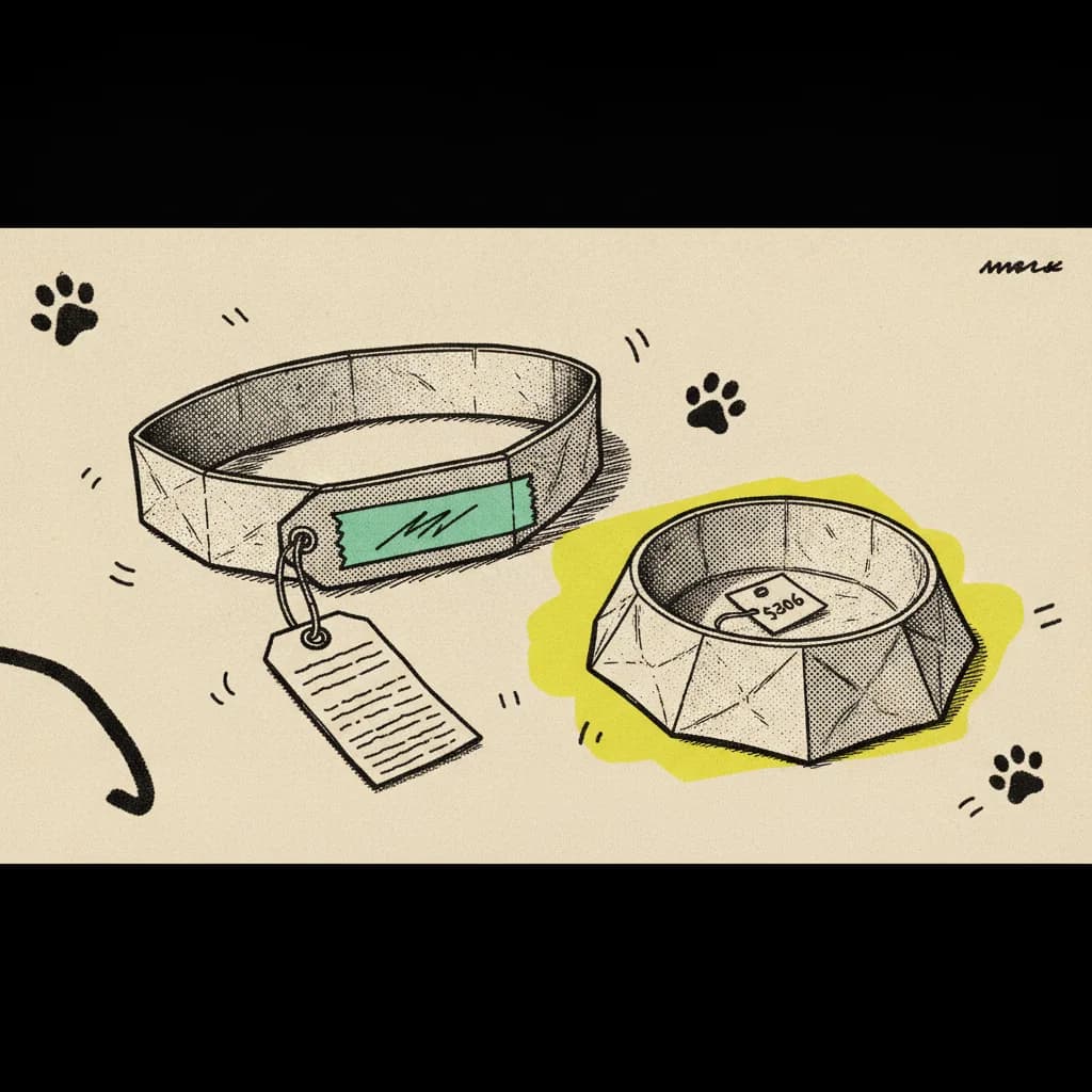 Brutalist editorial illustration of a paper dog collar and a paper cat food bowl on cream paper, mint tape strip across the collar tag, yellow highlighter blob behind a paper price tag clipped to the bowl, small ink paw prints as abstract dash marks