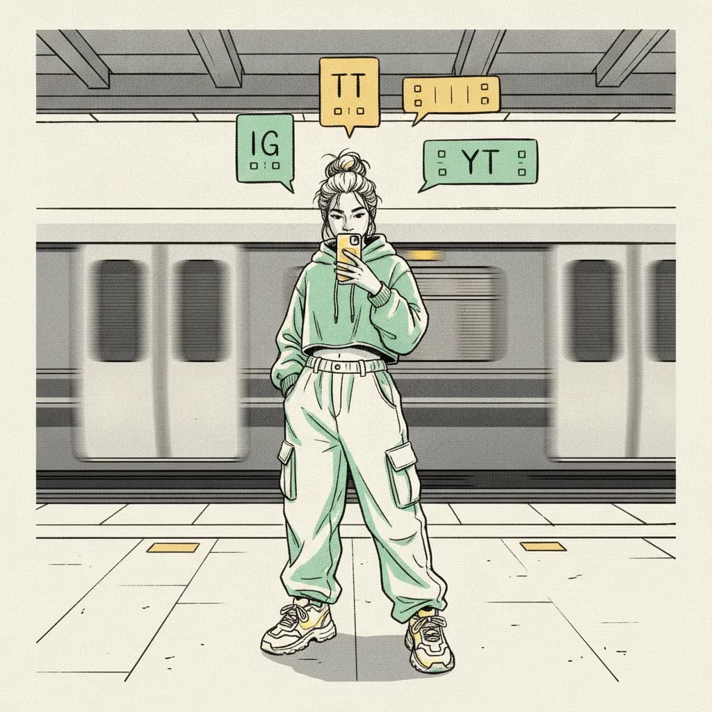 Brutalist editorial illustration of a Bangkok creator filming a vertical video on a Skytrain platform at dusk with three platform speech-bubble icons floating above.