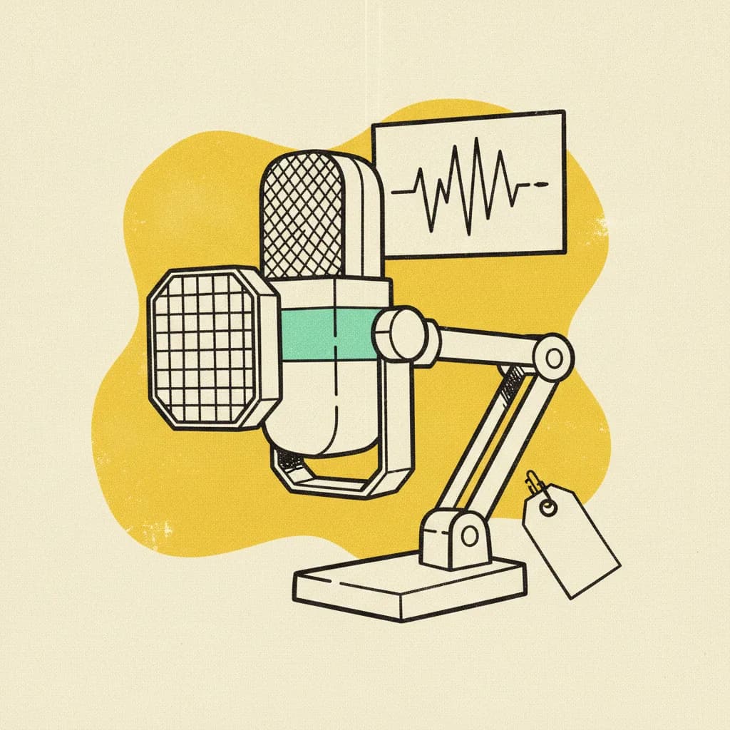 Brutalist editorial illustration of a paper podcast microphone on a boom arm on cream paper, mint tape strip across the mic shaft, yellow highlighter blob behind a paper waveform card with abstract dash marks, small ink price tag on the stand