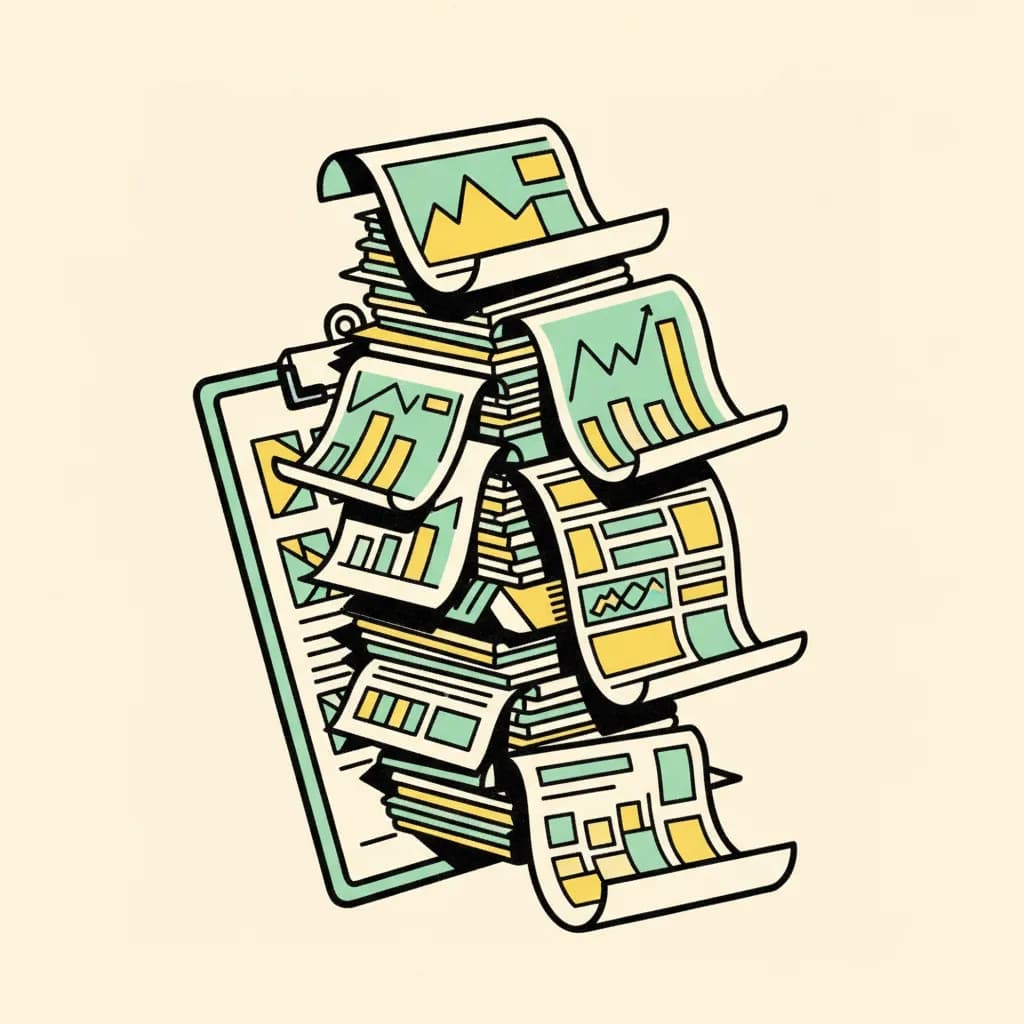 Brutalist illustration of stacked report pages, bar charts, and screenshot cards emerging from a clipboard, on cream background with mint and yellow accents.