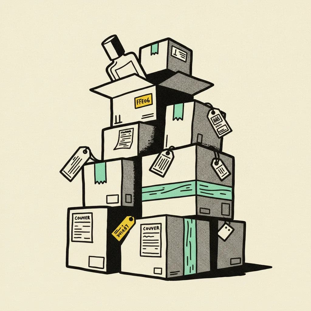 Stacked cardboard shipping boxes with courier tags and one opened box showing a beauty product bottle, brutalist illustration on cream background