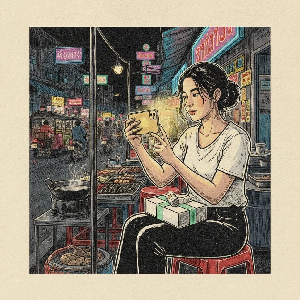 Thai creator filming a skincare unboxing on a plastic stool at a Sukhumvit night market, neon signs behind, brutalist editorial illustration in cream and mint over the Bangkok night scene.