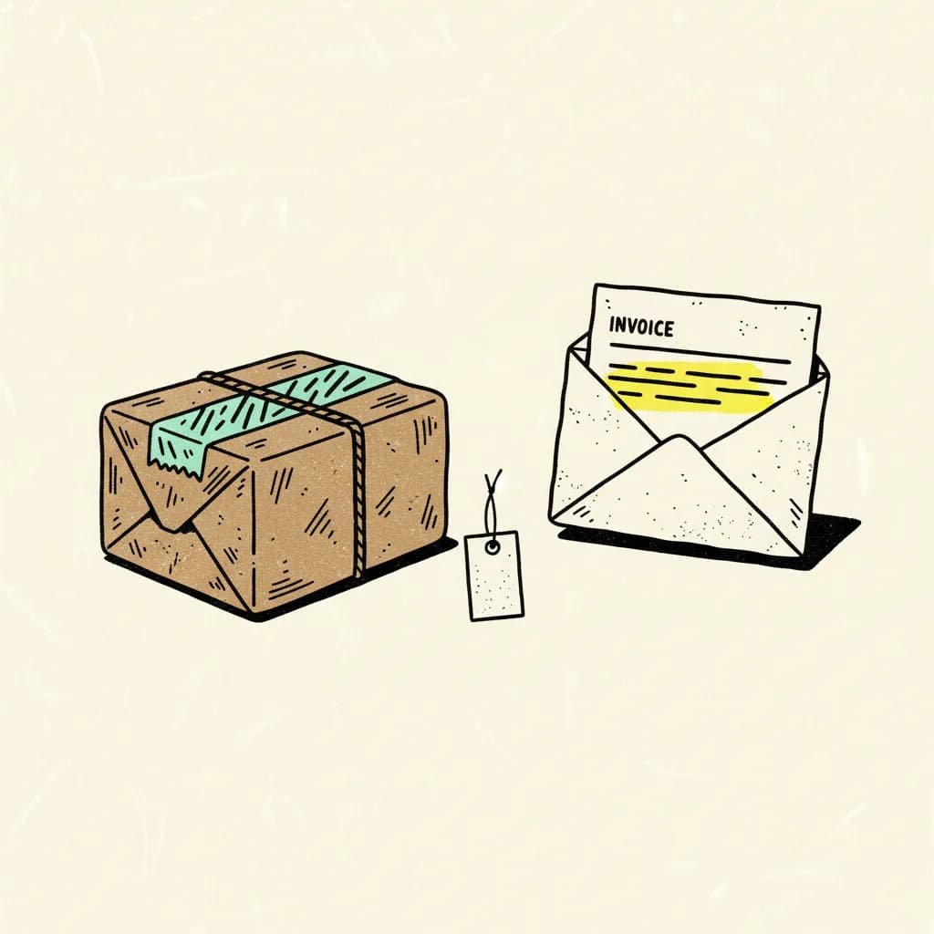 Brutalist editorial illustration of two paper parcels on cream paper, one wrapped in brown twine with a mint tape strip, the other an invoice envelope with a yellow highlighter blob across one line and a small price tag dangling between them