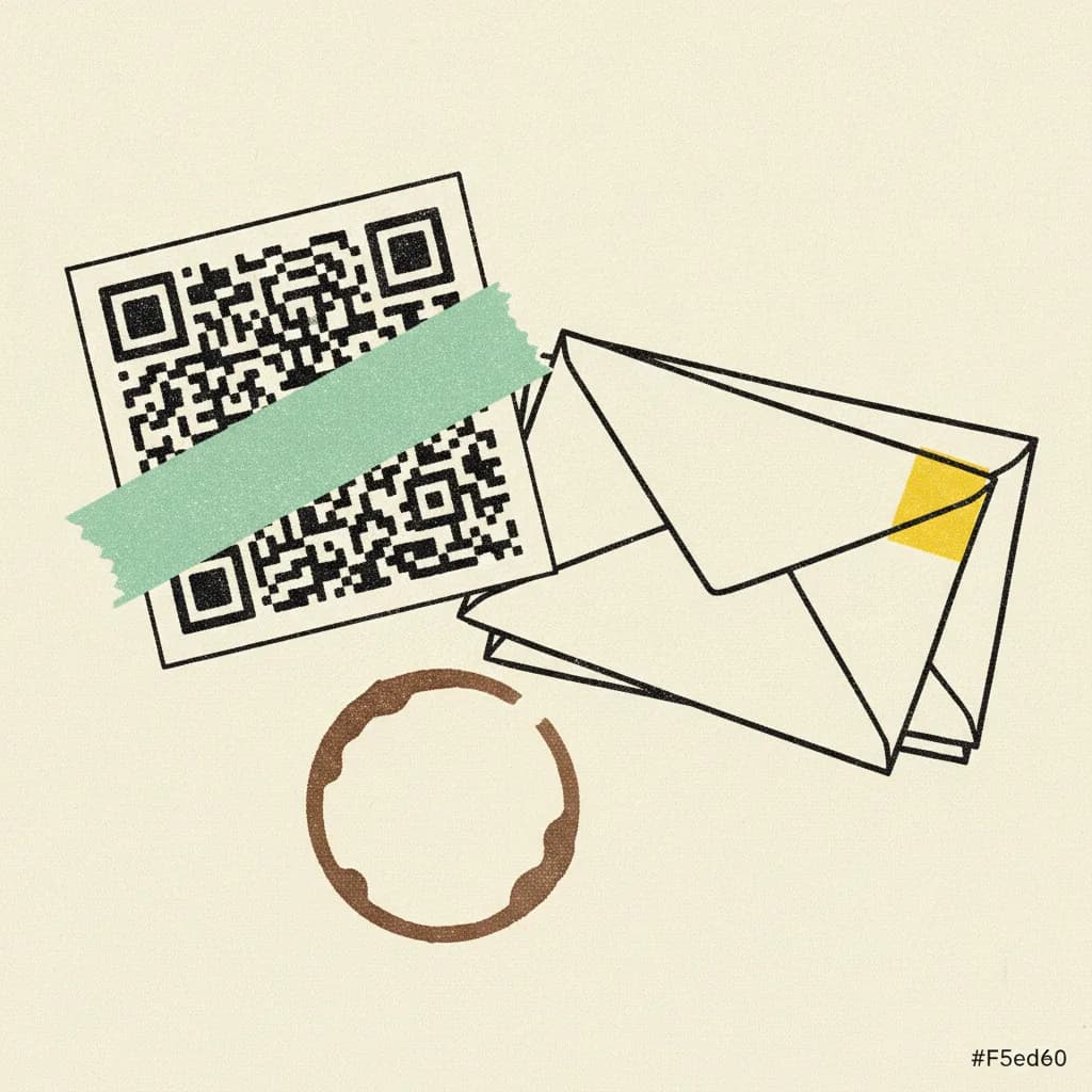 Brutalist illustration of a PromptPay QR sticker beside a stack of bank envelopes on a cafe table with a mint tape strip across the QR square.