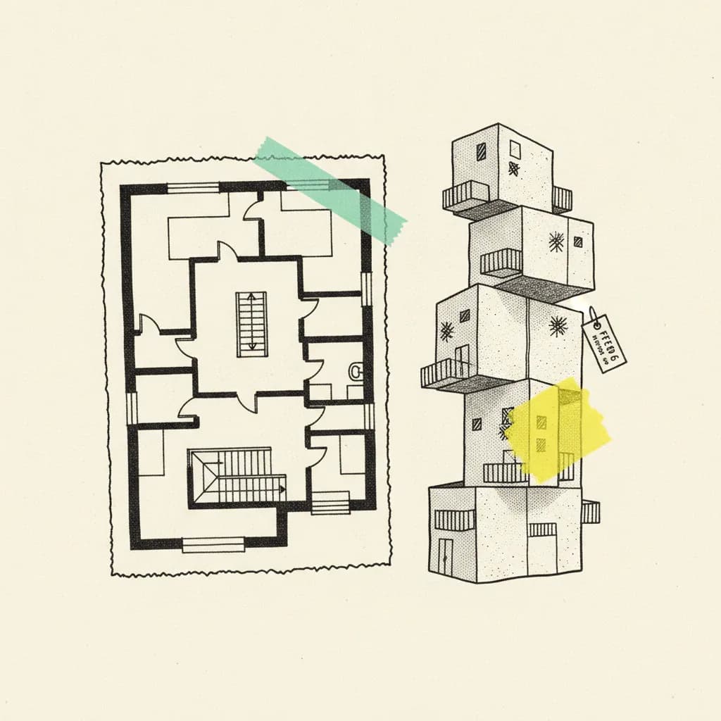 Brutalist editorial illustration of a paper floor-plan blueprint and paper condominium tower on cream paper, mint tape strip across the blueprint corner, yellow highlighter blob on a paper price tag clipped to the tower, ink balcony rails as abstract marks