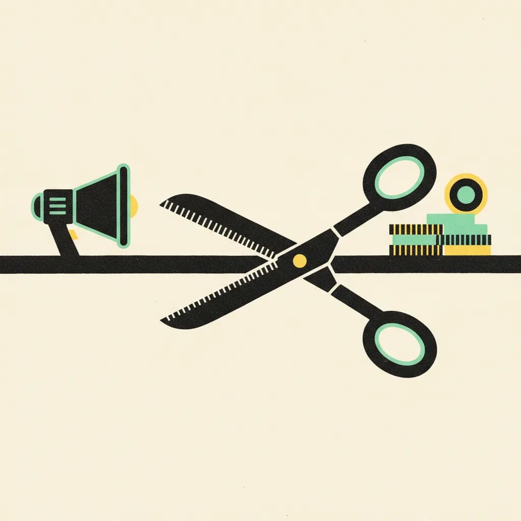 Brutalist illustration of giant scissors cutting a cord between a megaphone symbol and a stack of coins, in cream, mint and yellow.