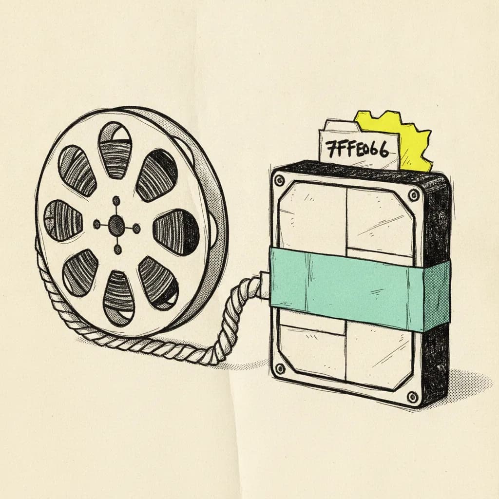 Brutalist editorial illustration of a paper film reel and a paper hard drive on cream paper, mint tape strip across the drive, yellow highlighter blob behind a folder tab, coiled paper cable joining the two