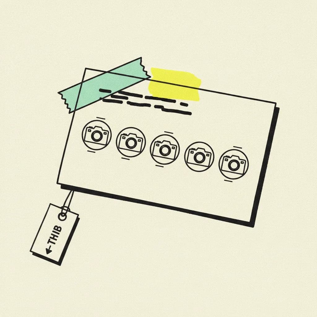 Brutalist editorial illustration of a paper loyalty punch-card on cream paper with five paper camera-shaped punches, mint tape strip on the corner and a yellow highlighter blob behind abstract dashes at the top, small paper THB tag with a downward arrow dangling on a string.