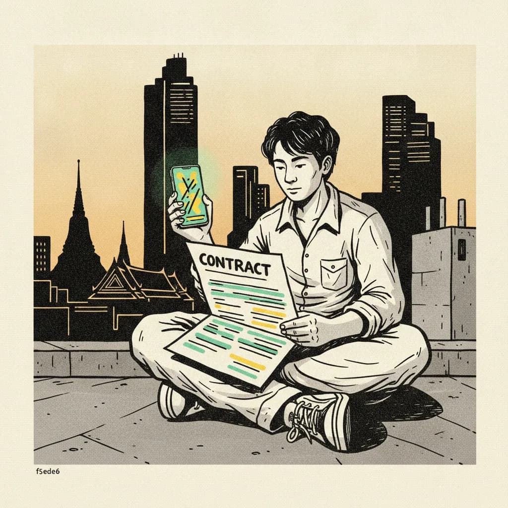 A Bangkok creator reading a brand contract on a rooftop at dusk, highlighting problem clauses on their phone.