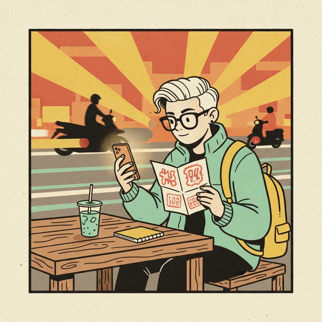 A young Bangkok content creator at a night market table reading a printed brief marked with red warning stamps, brutalist illustration on cream background