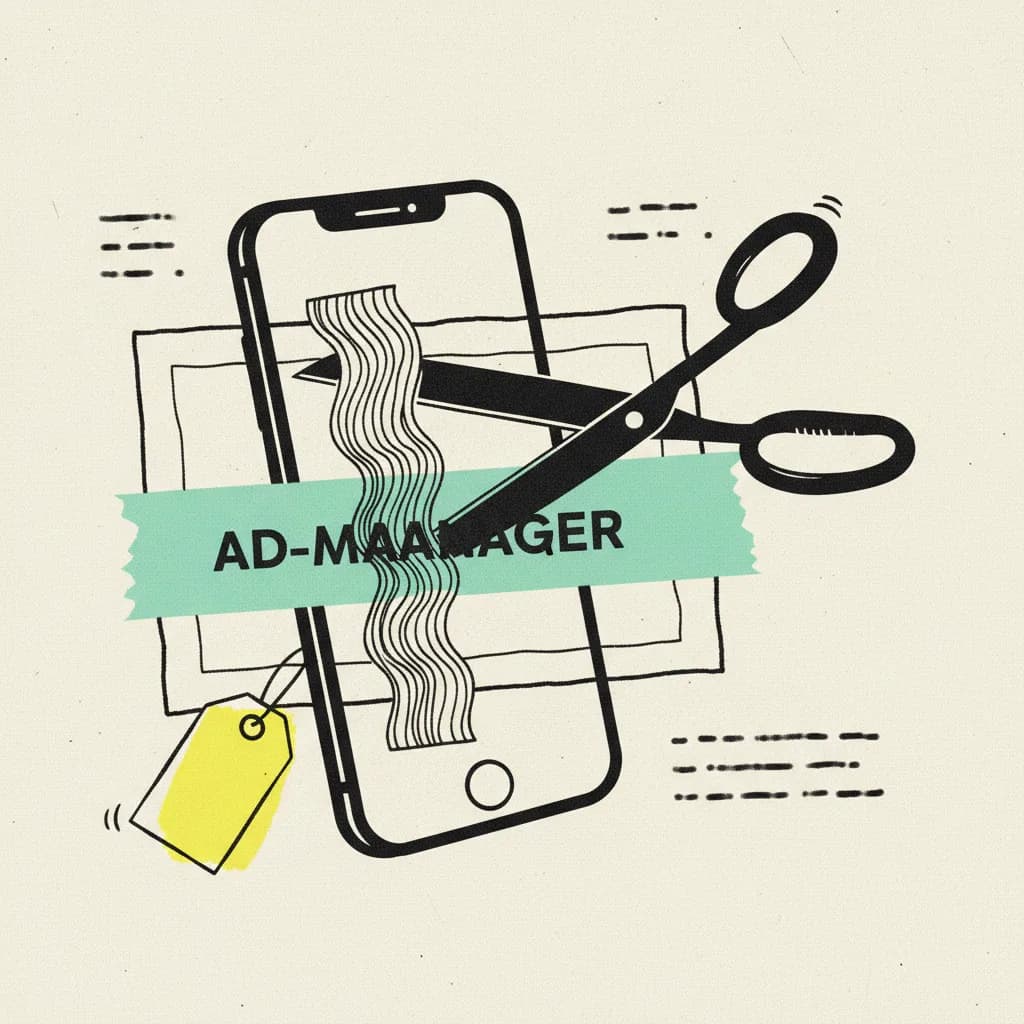 Brutalist editorial illustration of a paper smartphone-shaped Reel being cut by black ink scissors and pasted into a rectangular paper ad-manager slot on cream paper, mint tape strip across the ad slot, yellow highlighter blob on a price tag dangling from the cutout