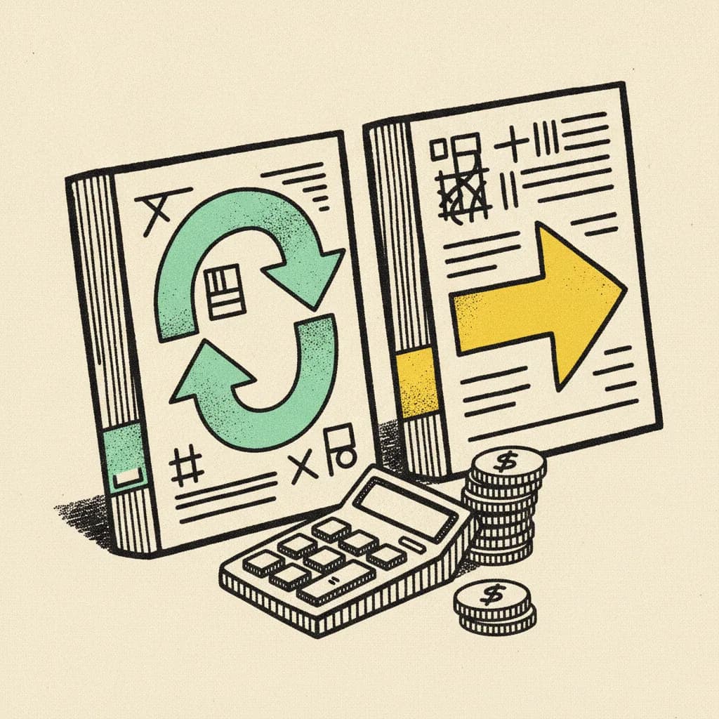 Brutalist illustration of two ledgers side by side, one marked with a mint recurring loop, the other with a yellow single arrow, representing retainer and project budgets.