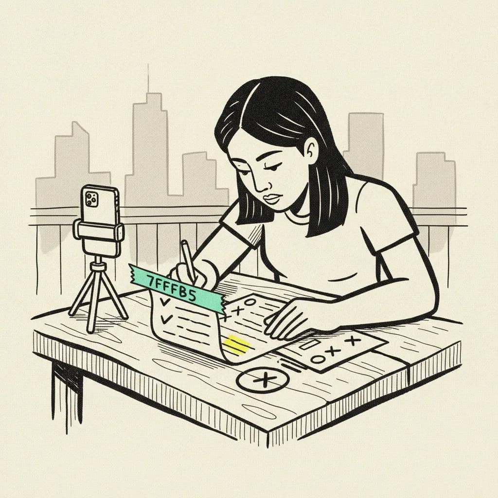 Illustration of a Thai creator reviewing a long edit list on a rooftop cafe table with marked and ticked items.